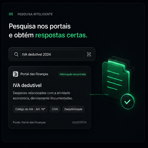 Pesquisa 'IVA dedutível 2024' no Portal das Finanças, com resposta encontrada e fonte citada